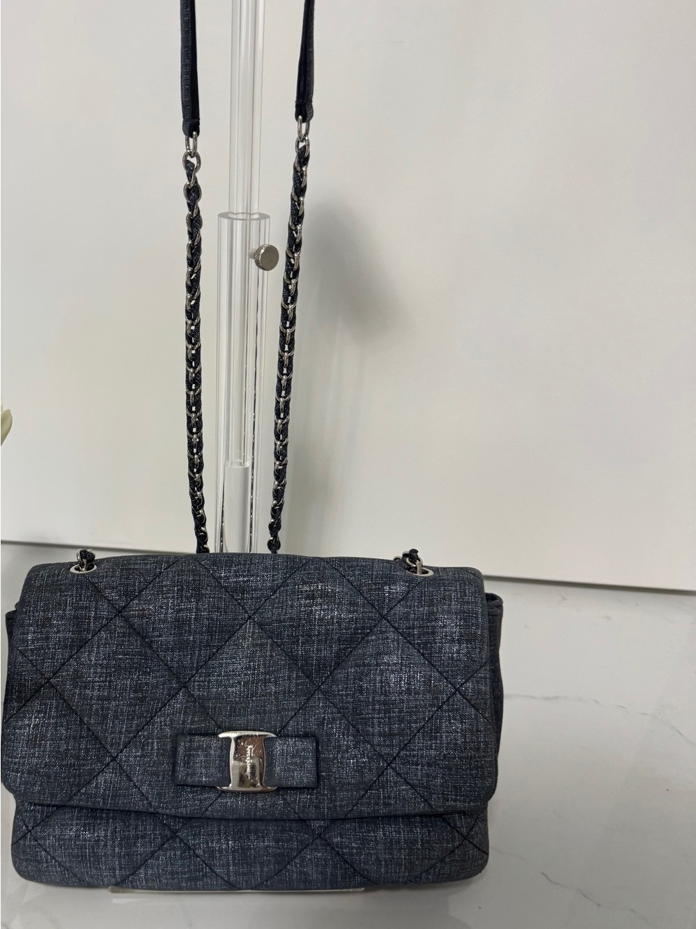 Salvatore Ferragamo Quilted Shoulder Bag in Dark Denim with Silver Hardware